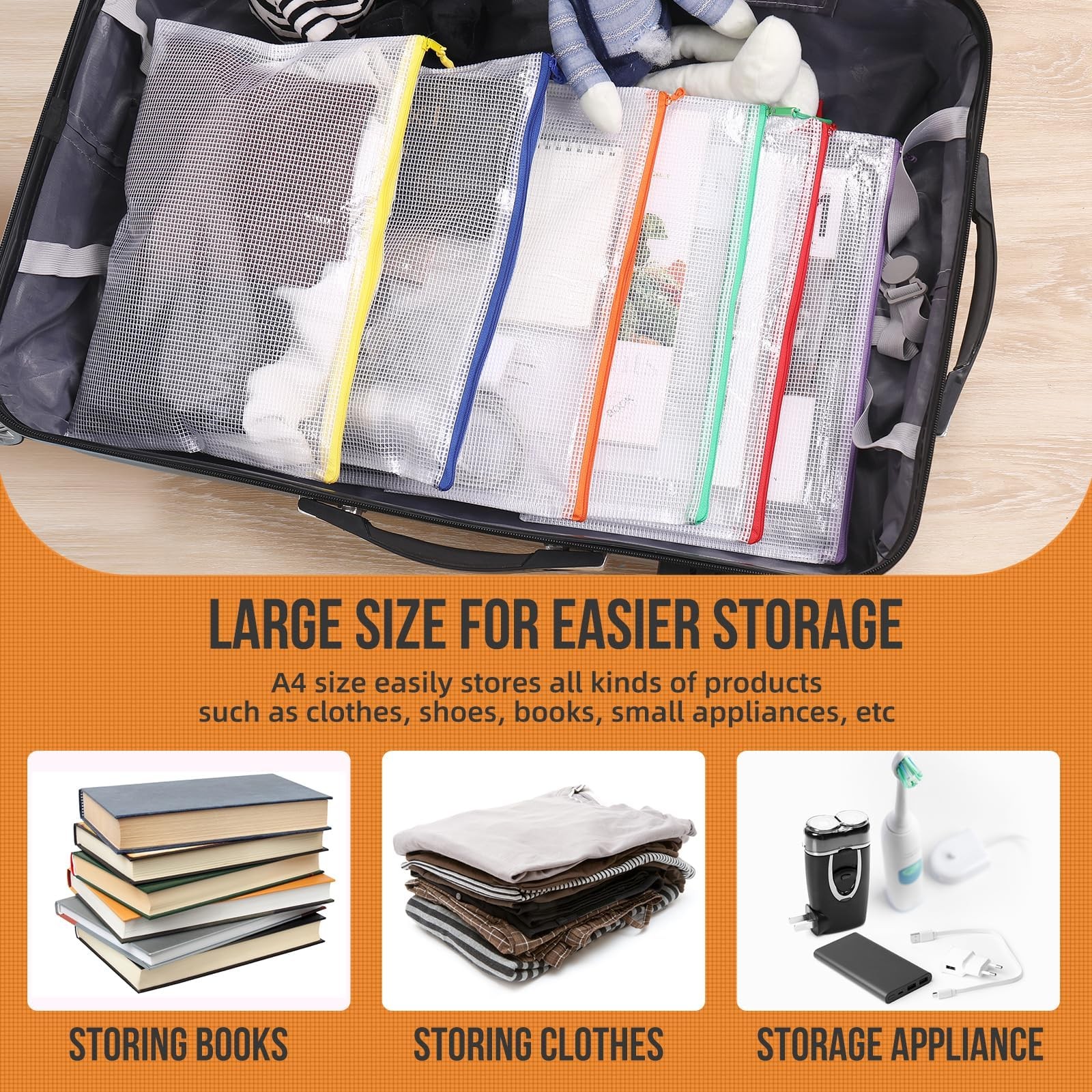 24pcs Mesh Zipper Pouch Bags, 12 Colors Extra Large 12PCS A3 and 12pcs A4, Pu…