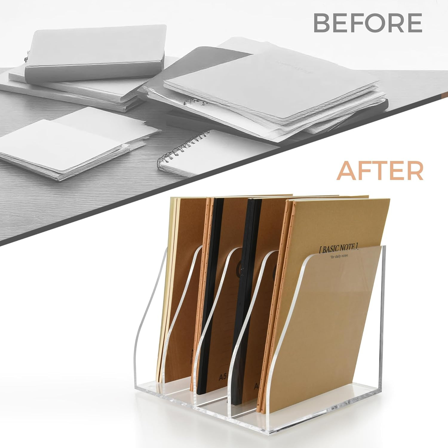 Acrylic Magazine File Holder – 4-Slot Clear Desk Organizer, Vertical Document So