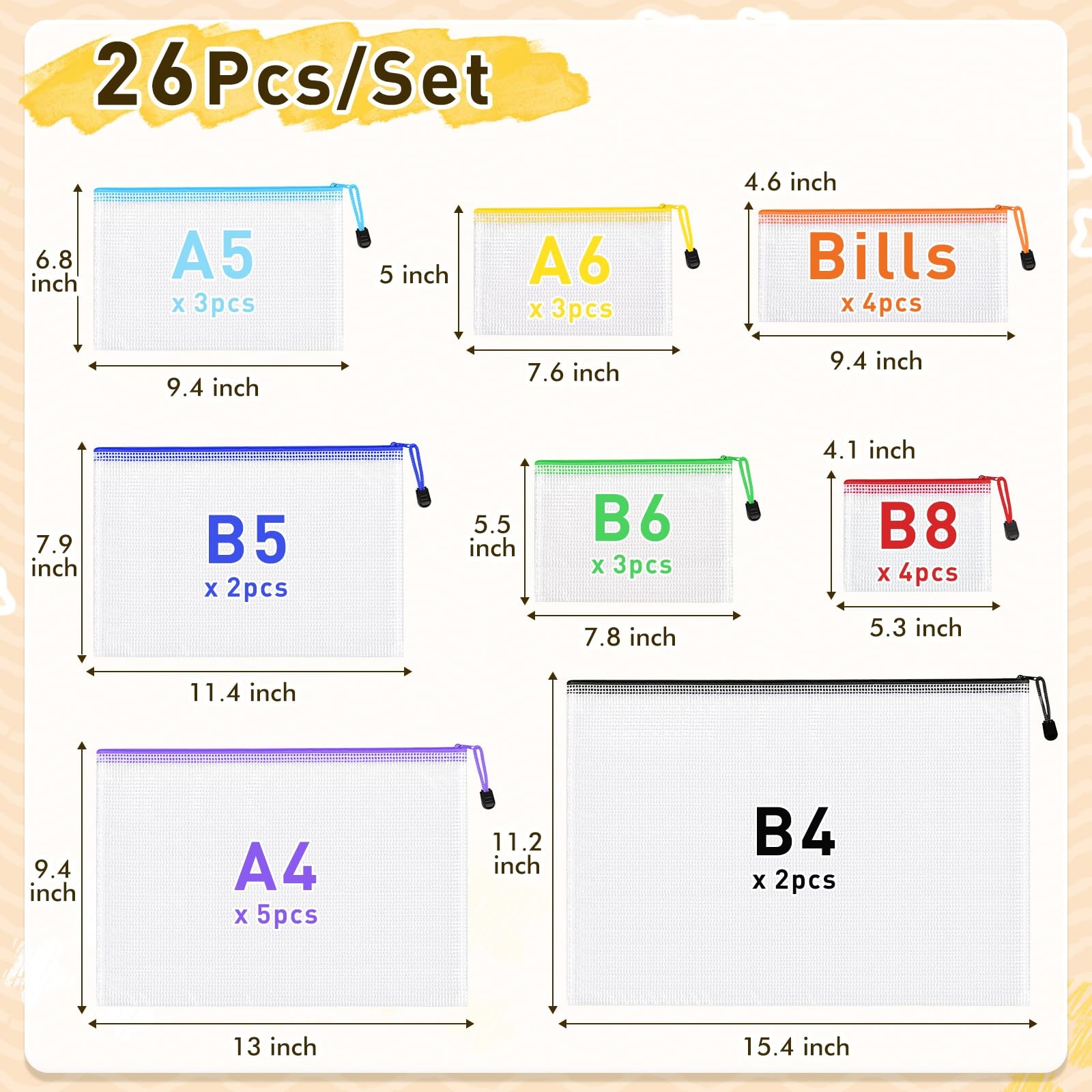 Mesh Zipper Pouch Bags Plastic Storage Clear Waterproof 8 Sizes 26 PCS Pack