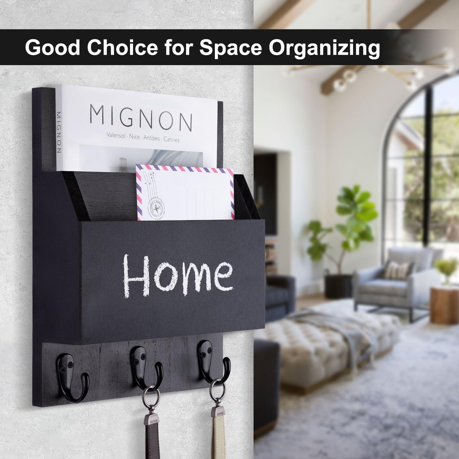 Key Mail Holder Wall Mount Black, Entryway Organizer 2 Slot 3 Hook Decor