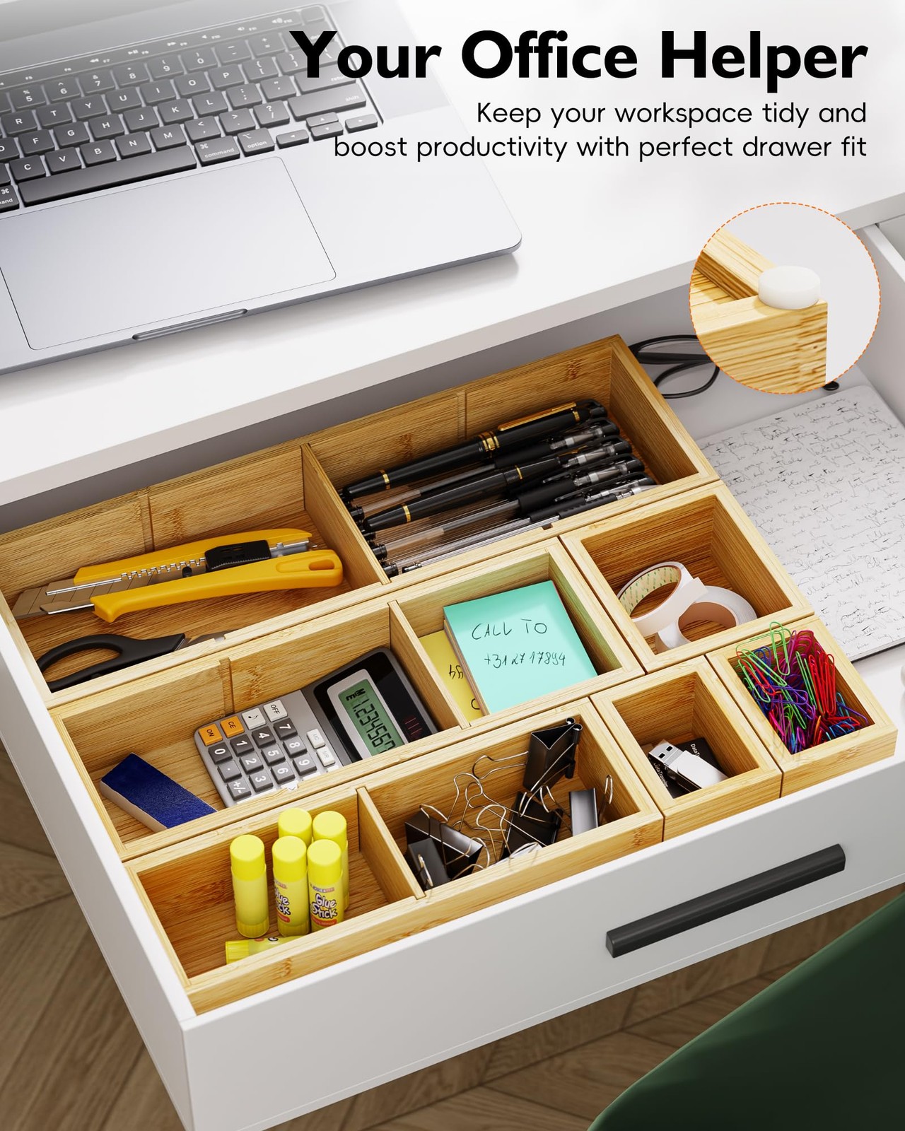 VA1KENE Bamboo Drawer Organizer Set, 6 PCS Desk 12 Compartments,