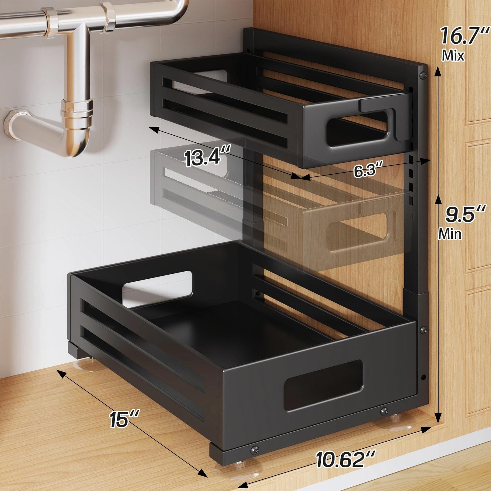 Biboraya 2 Pack Under Sink Organizer,Pull Out 2 Pack-15″Dx9.5″-16.7″H, Black
