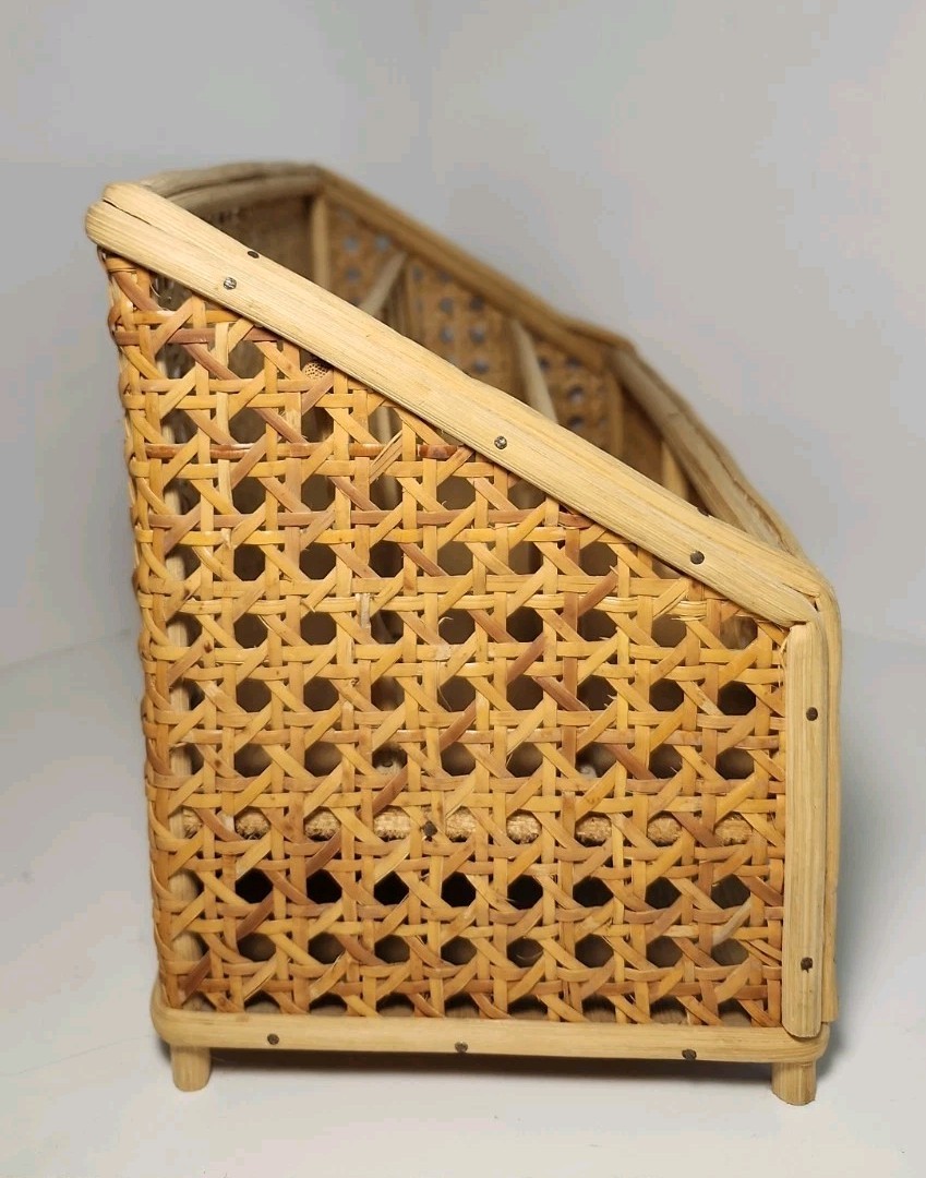 Vintage Bamboo & Rattan Cane Wood Surface Top Desk Top Letter Organizer
