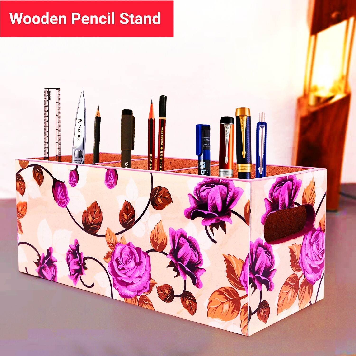 Multicolor & Multipurpose Wooden Flower design Pen Holder Organizer For Home