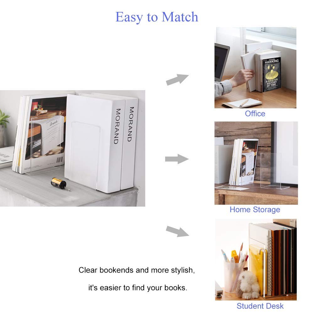 MerryNine Clear Book Ends 2pcs, Acrylic 2 Pcs – 7.08 x 4.72 in, Th:3mm/0.12″
