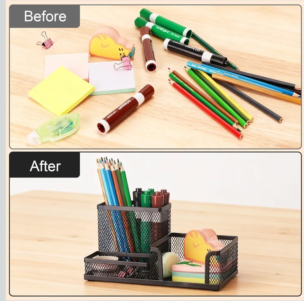 Black Mesh Metal Desktop Organizer, 3-Compartment Desk Pen/Pencil Holder