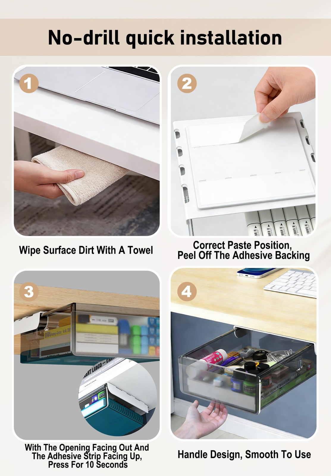 Under Desk Drawer Set of 2, Smooth Slide-Out Storage (Medium/Small), Thick PE…