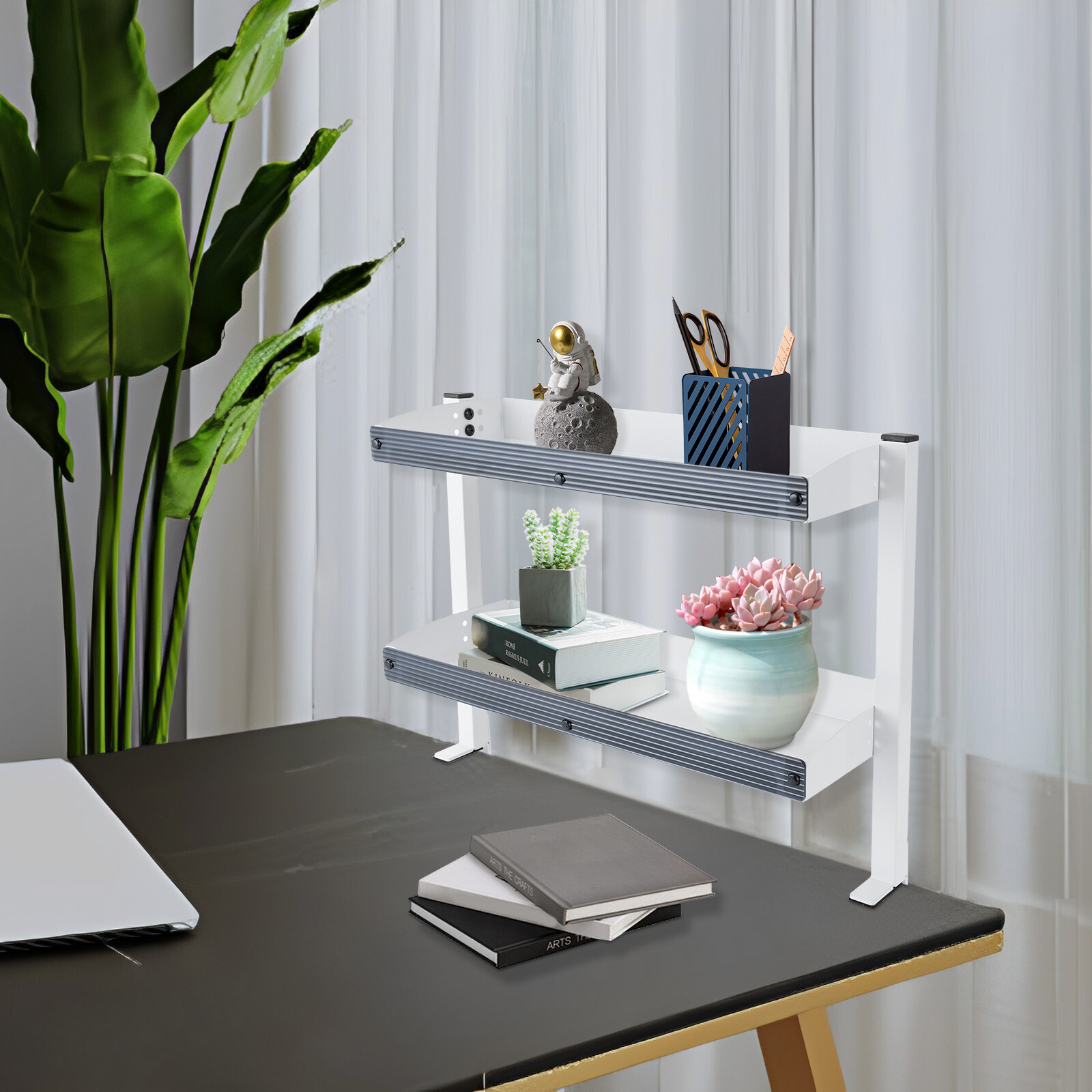 2-Tier Clamp-On Desk Shelf, Adjustable White Storage Organizer for Home