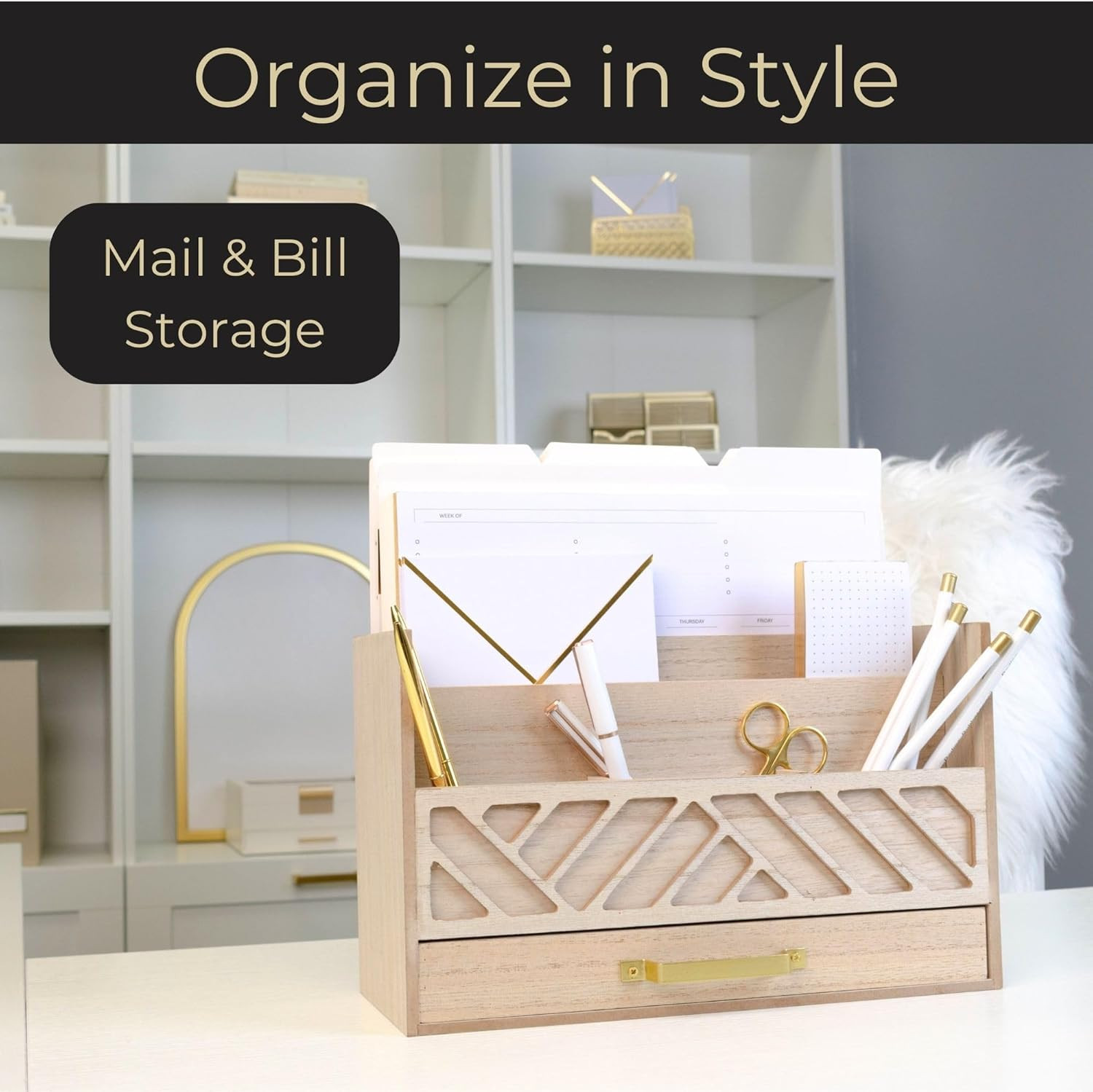 | Wooden Mail Organizer with Drawer and Gold Handle | Outgoing Mail Holder and L