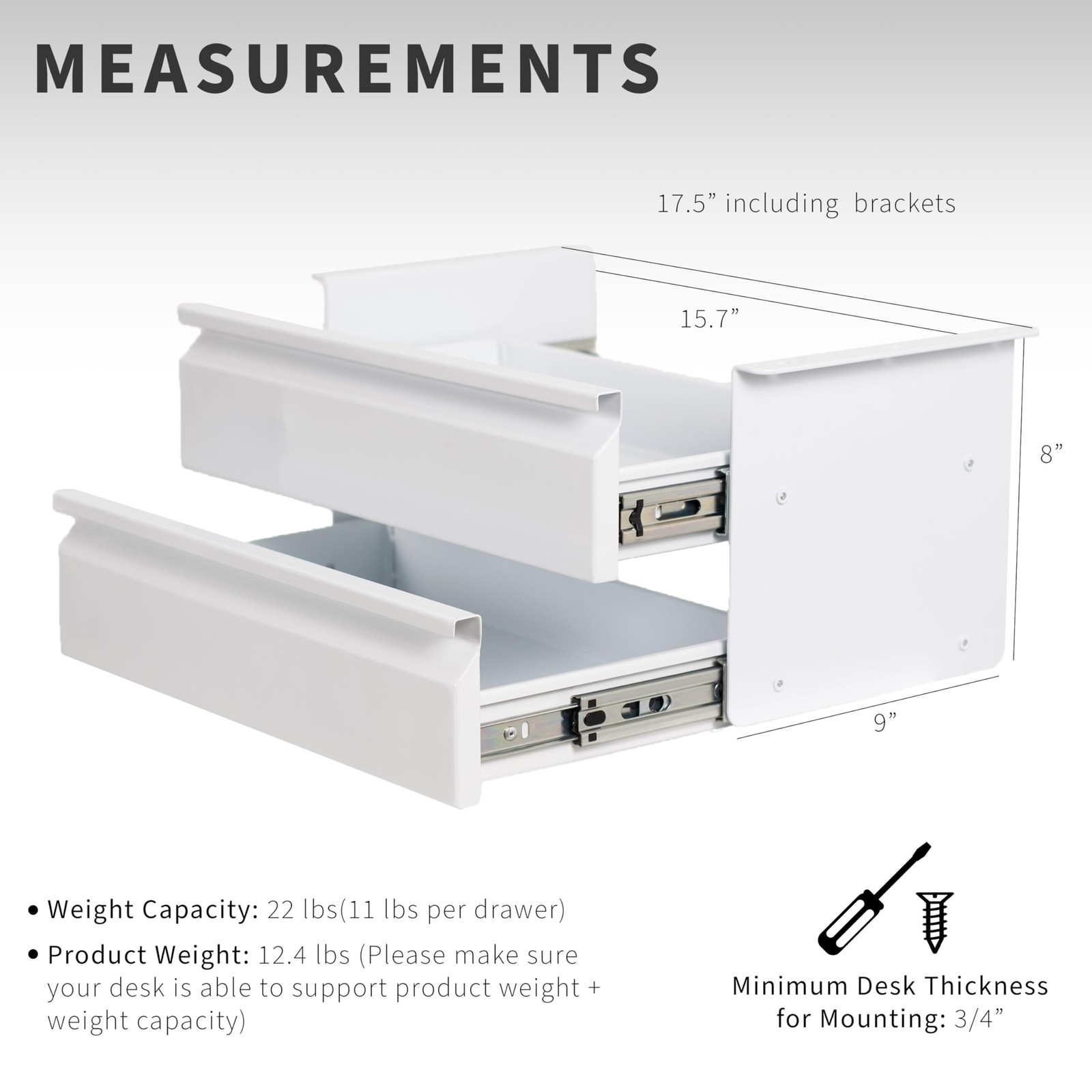 16 inch Slide Out Dual Tier Desk Drawer, Under Desk 2 Layer Storage, White, D…