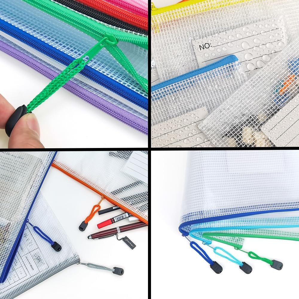 Plastic Mesh Zipper Pouch, 12Pcs Zipper File Bags with Label Pocket, A3 Size …