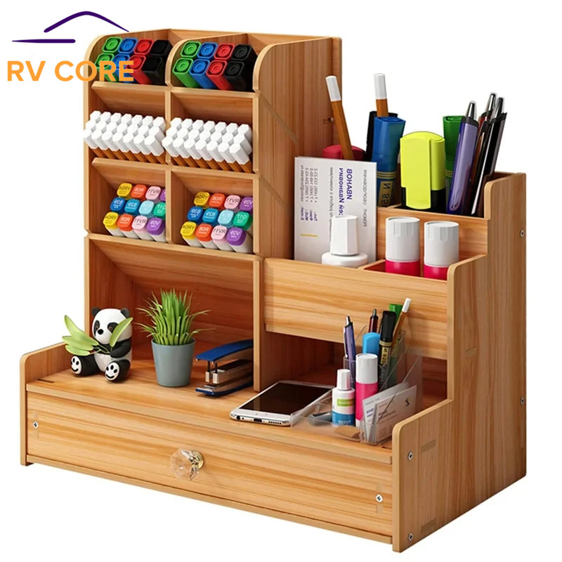 Wooden Desk Organiser — DIY Desktop Tidy, Large Pen Holder with Drawer Home/Off