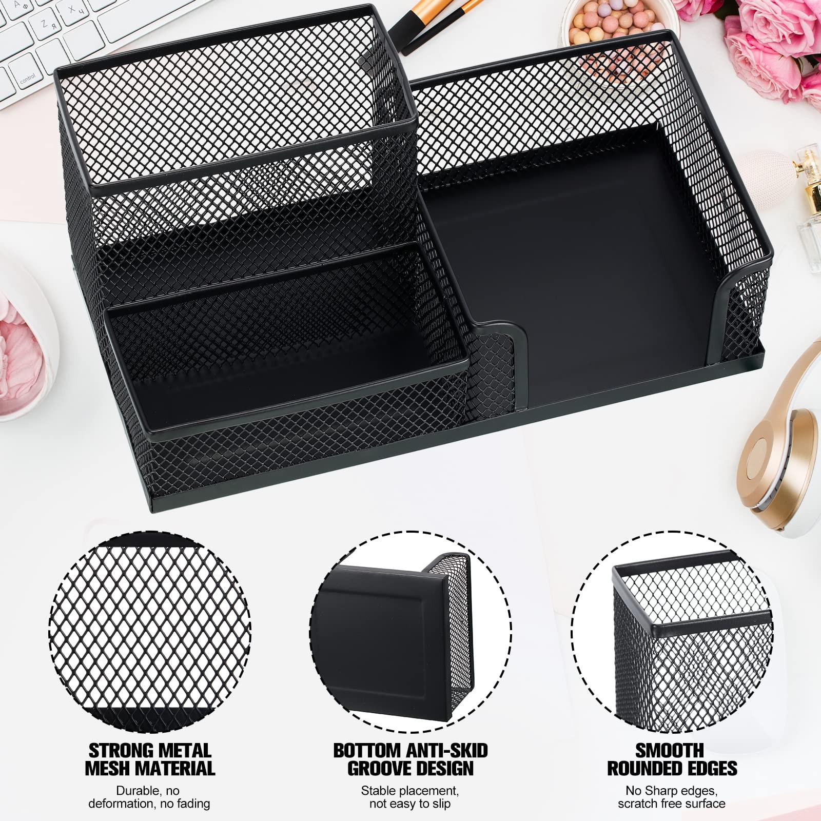 4 Pcs Mesh Desk Organizer 3 Compartments Mesh Pen Holder Sticky Notes Pencil …
