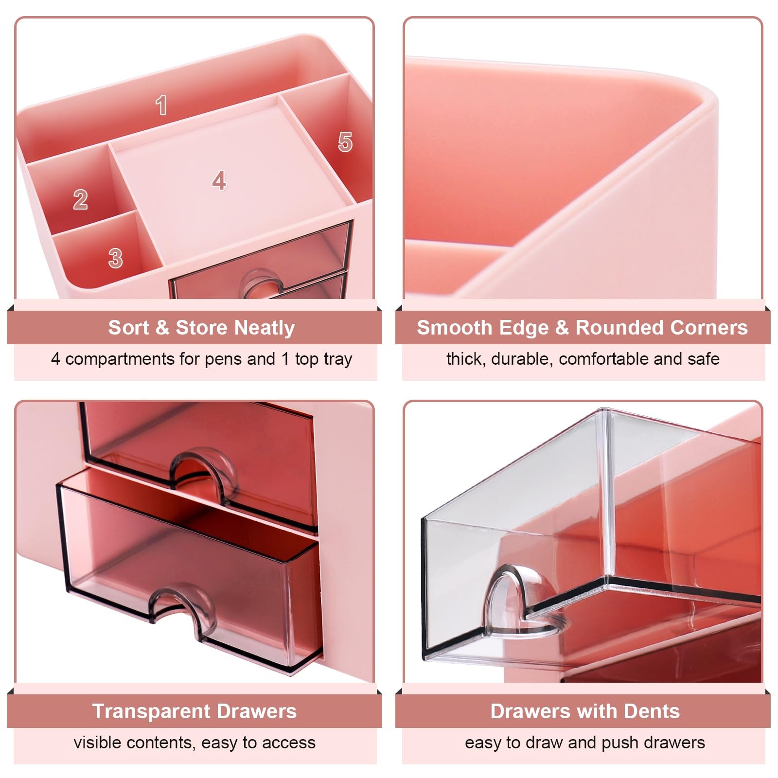 Desk Organizer With Drawers, Pen Pencil Holder, Office Storage, Pink