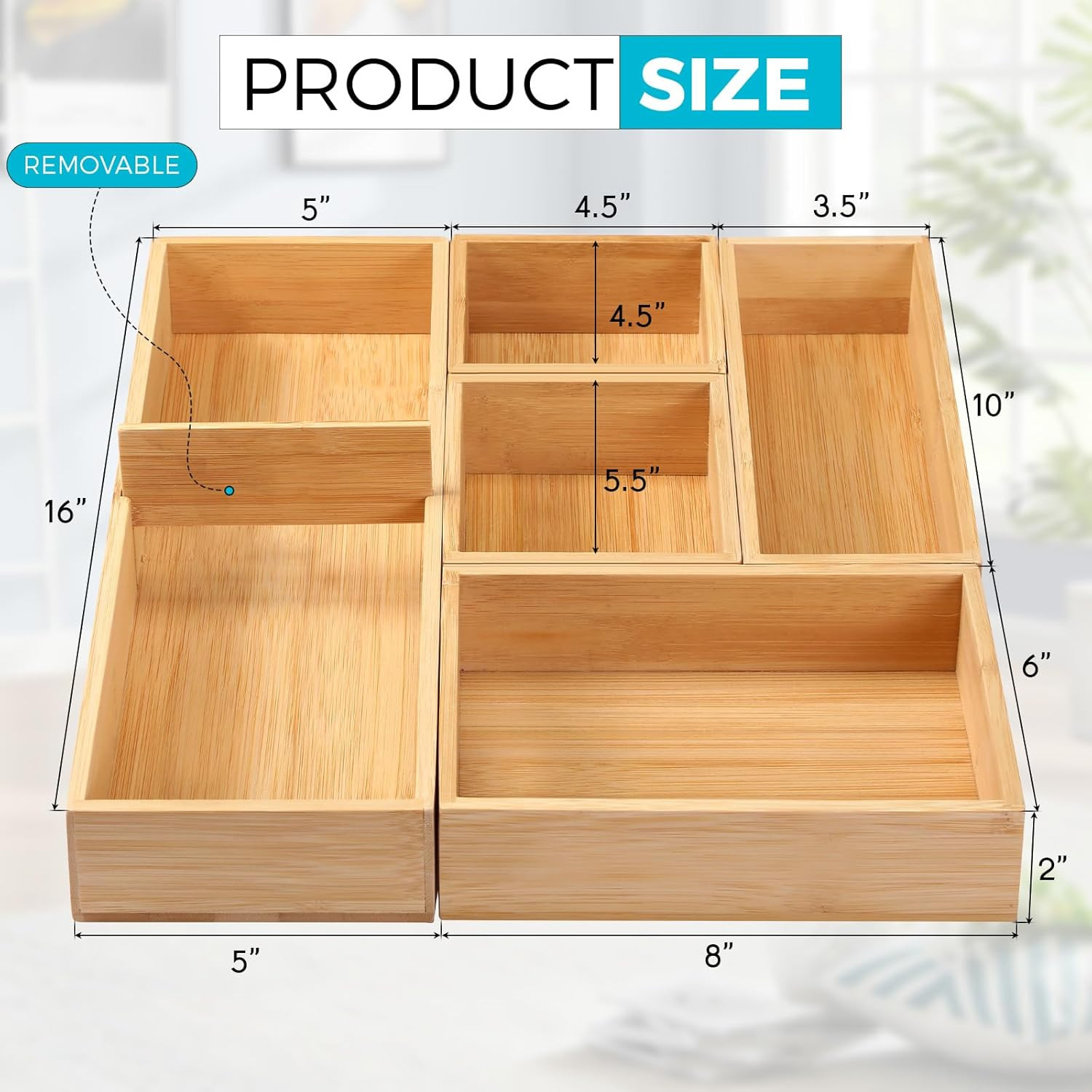Bamboo Drawer Organizer Boxes Set of 5 for Bathroom Vanity Desk Kitchen