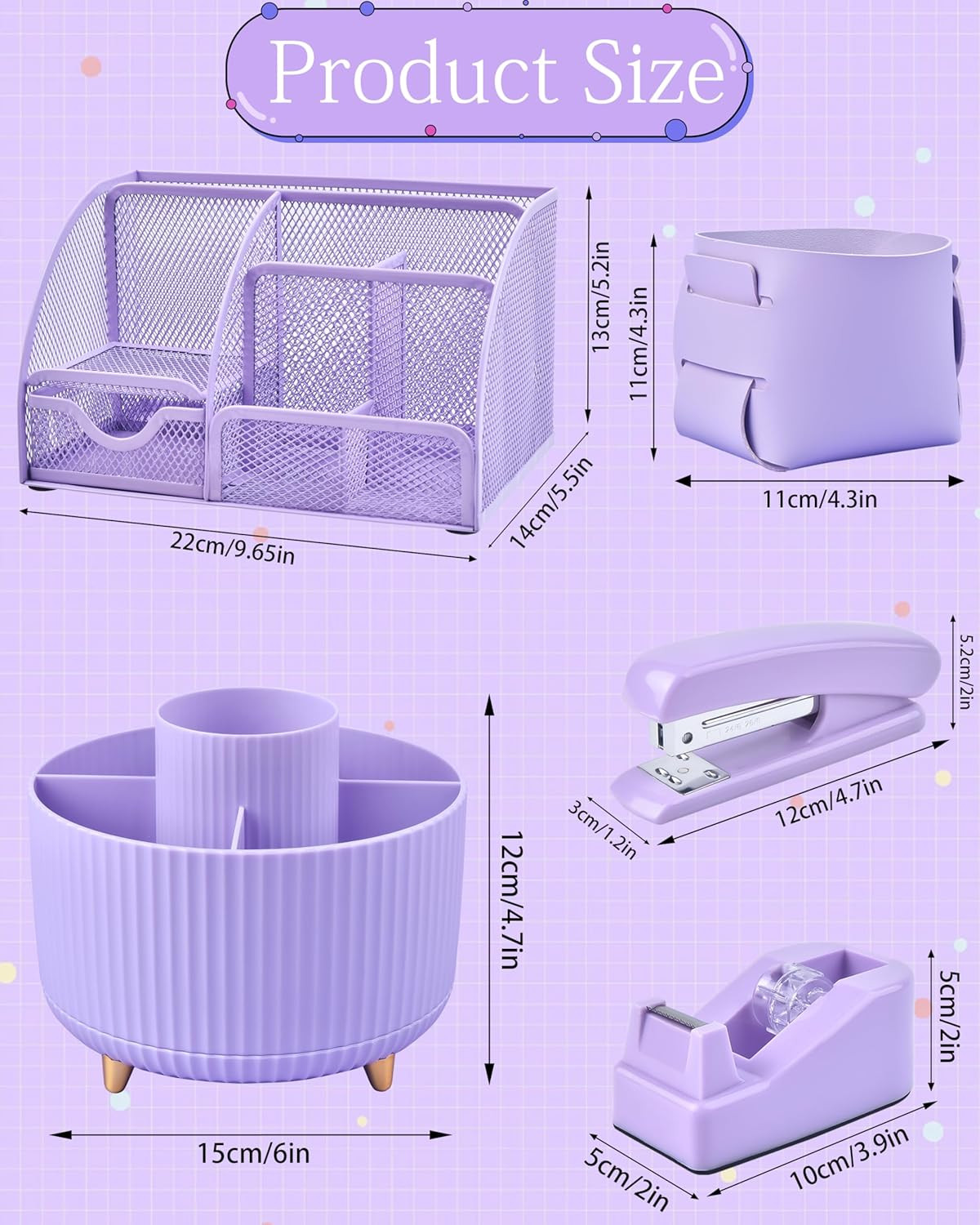 Purple Desk Accessories and Organizers with Desk Organizer and 360°Rotating Pen