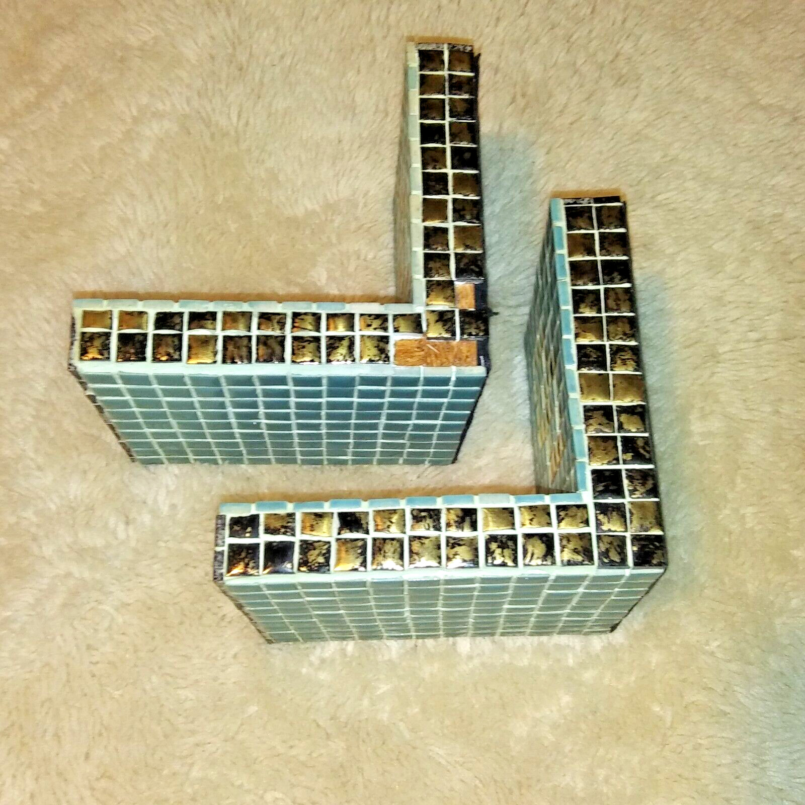 mosaic tile Book Ends robin egg blue and gold Checker decor