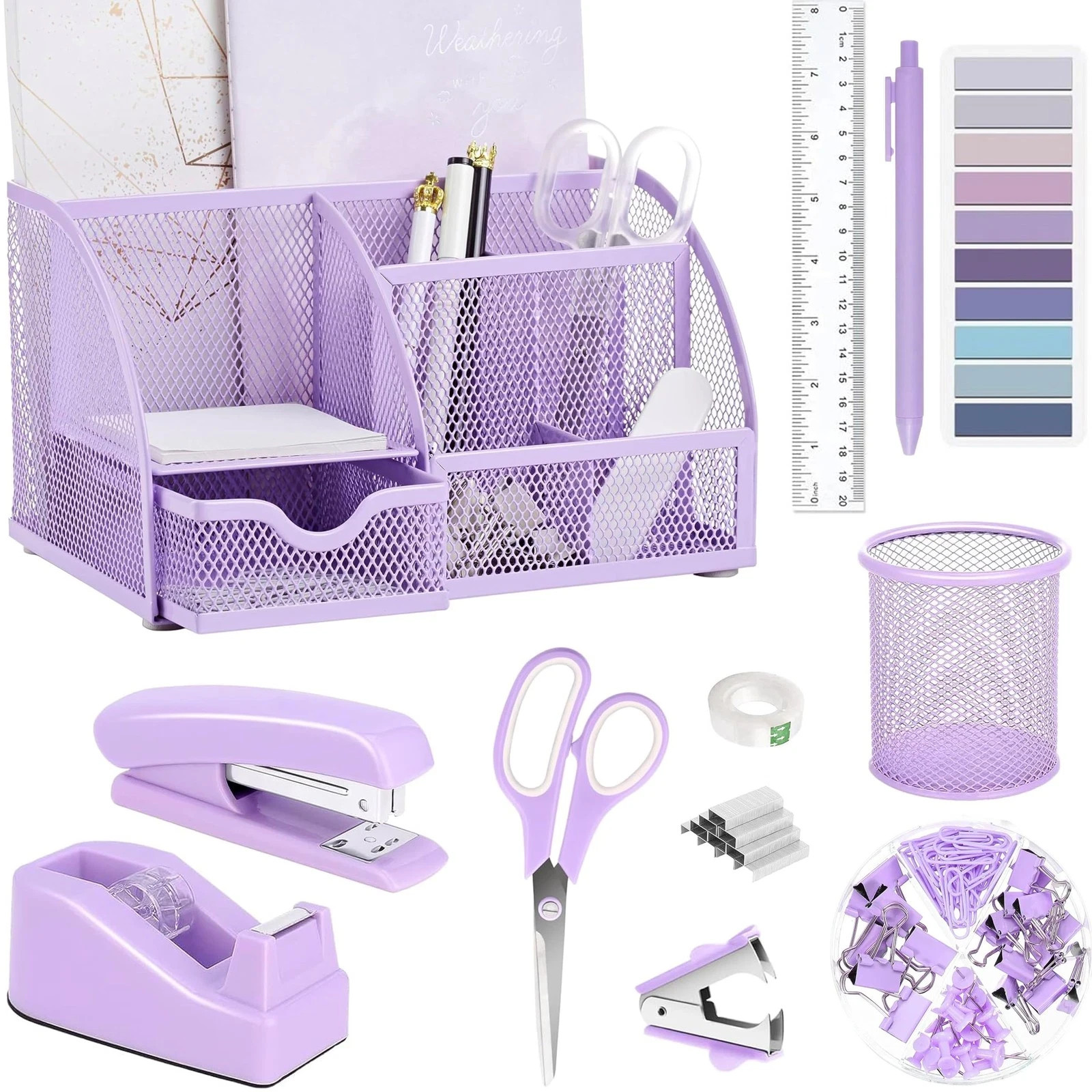 Purple Office Desk Accessories Supplies, 12pcs Desk Organizers and Accessorie…