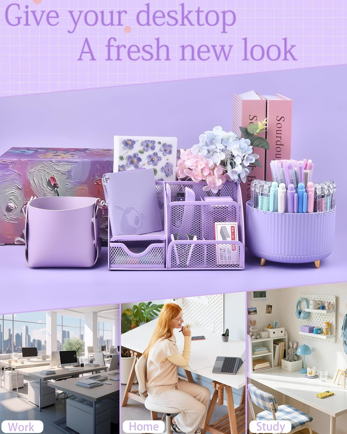 Purple Desk Accessories and Organizers with Desk Organizer and 360°Rotating Pen