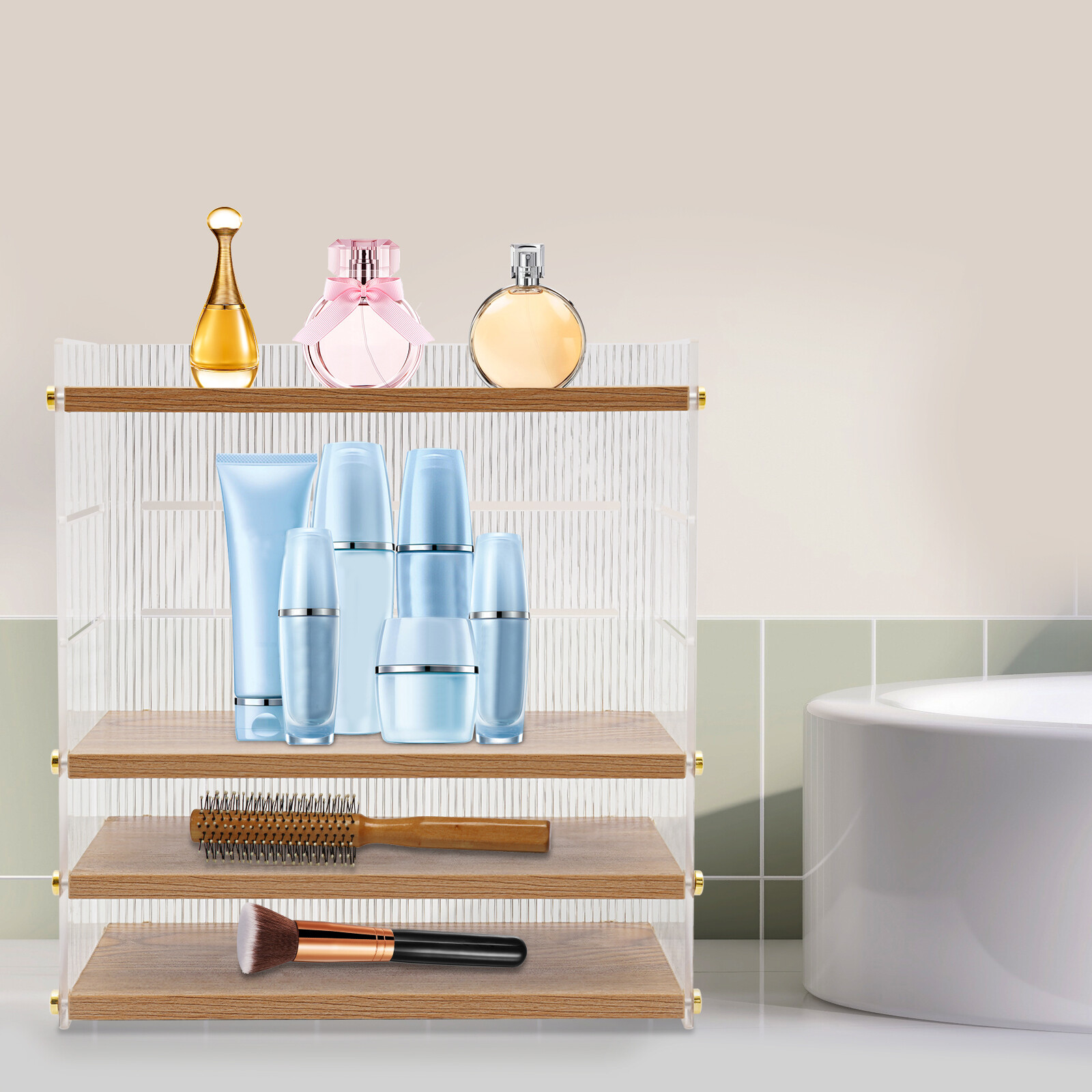 4 Tier Desk Organizer, Desktop Storage Cabinet, Storage Box Wood, Clear New