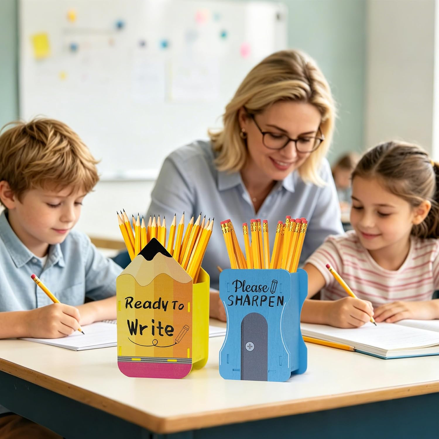 2 PCS Wooden Pencil Dispenser, Sharp and Dull Pencil Holder for Classroom, Back