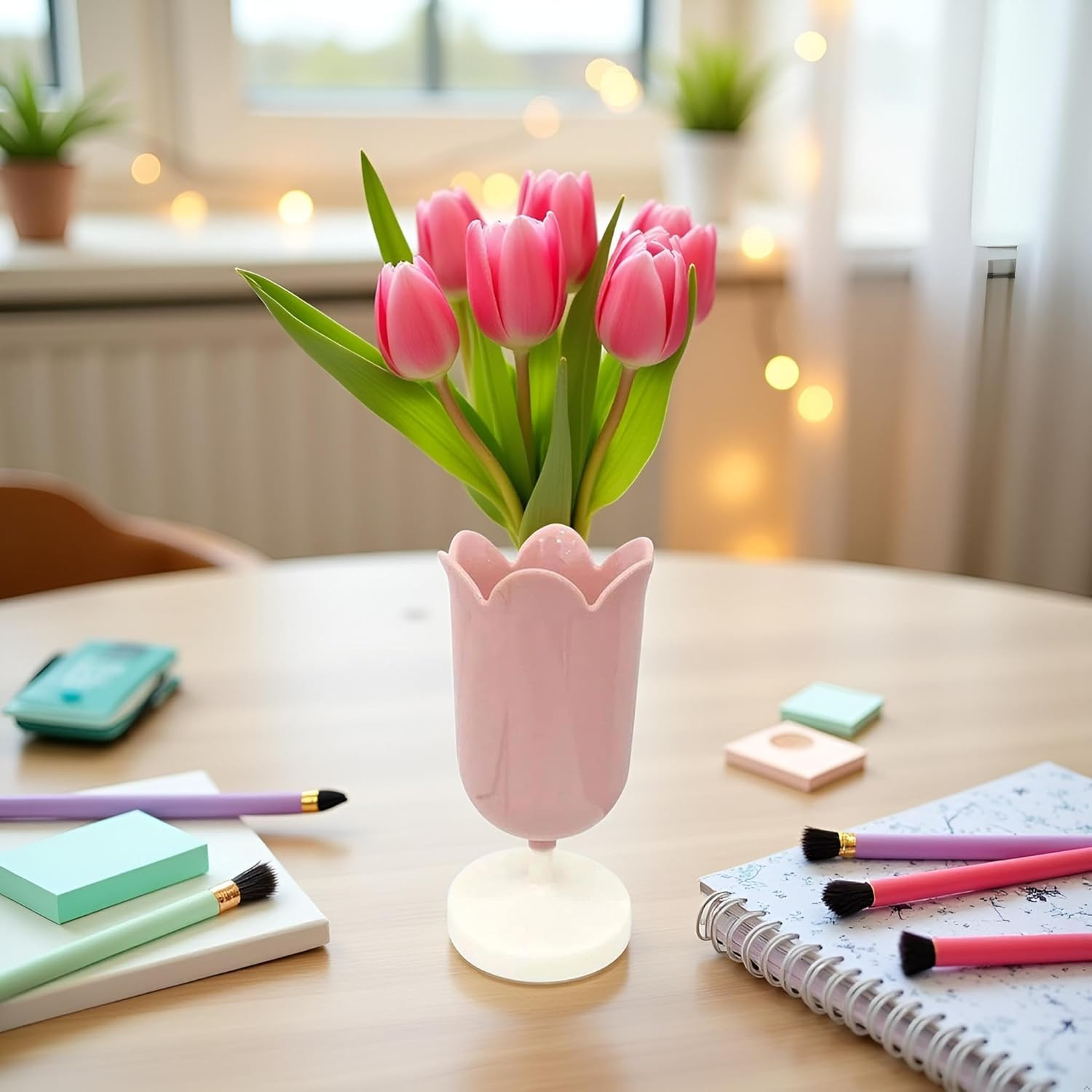 Pink Plastic Tulip Pen Holder Cute Pens Cup for Desk Pen Brush Organizer Office