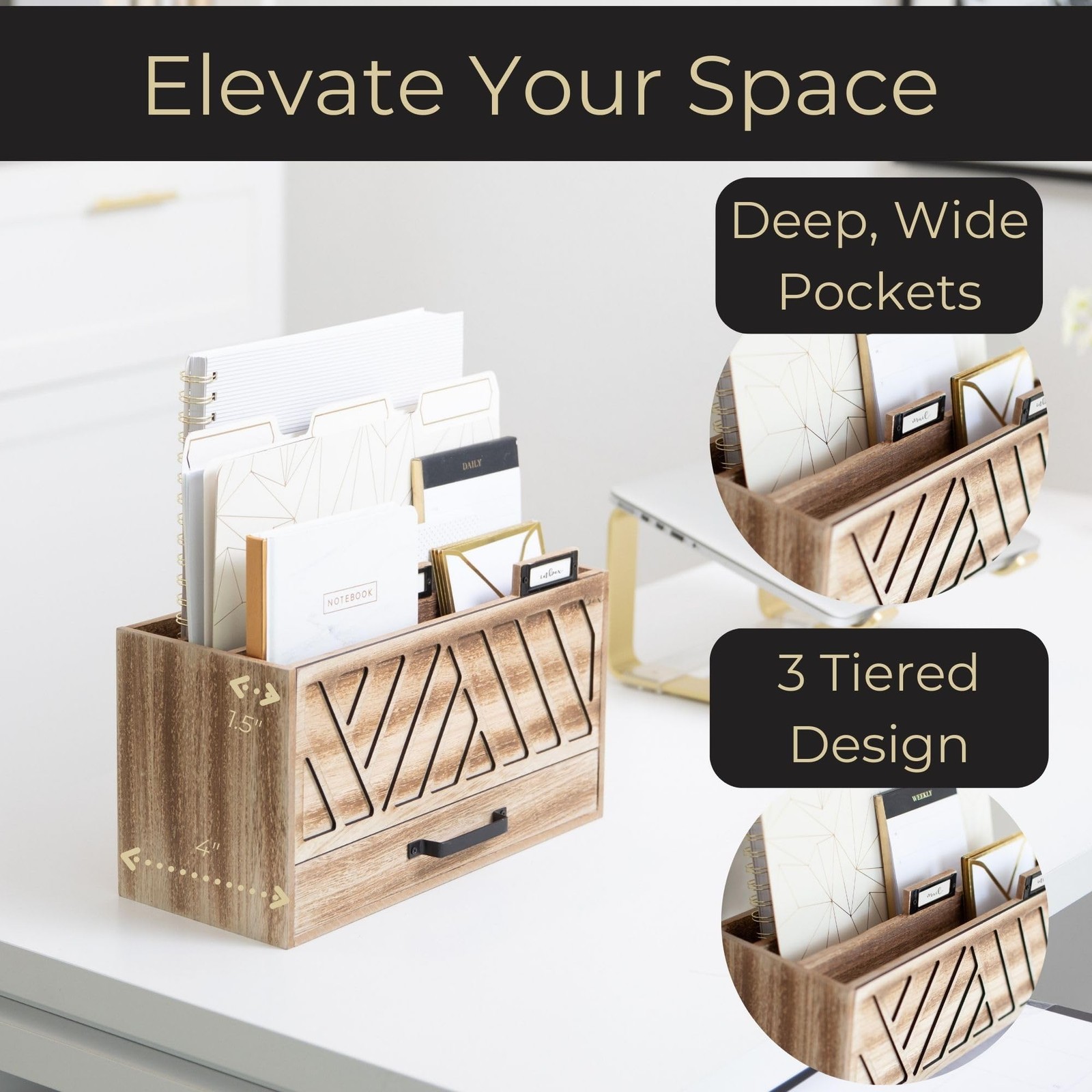 BLU MONACO | Natural Wood Desktop Mail Organizer with Drawer | wood