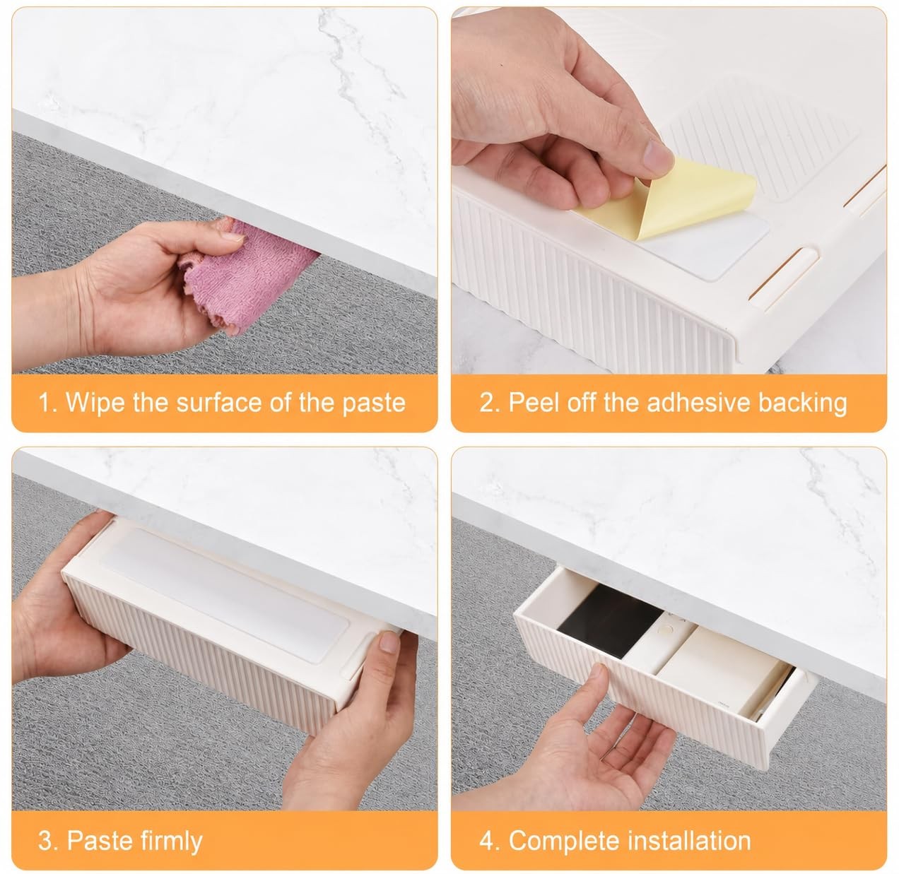 Self Adhesive Slide Out Under Desk Drawer Storage Hidden Organizer White 2 PCS