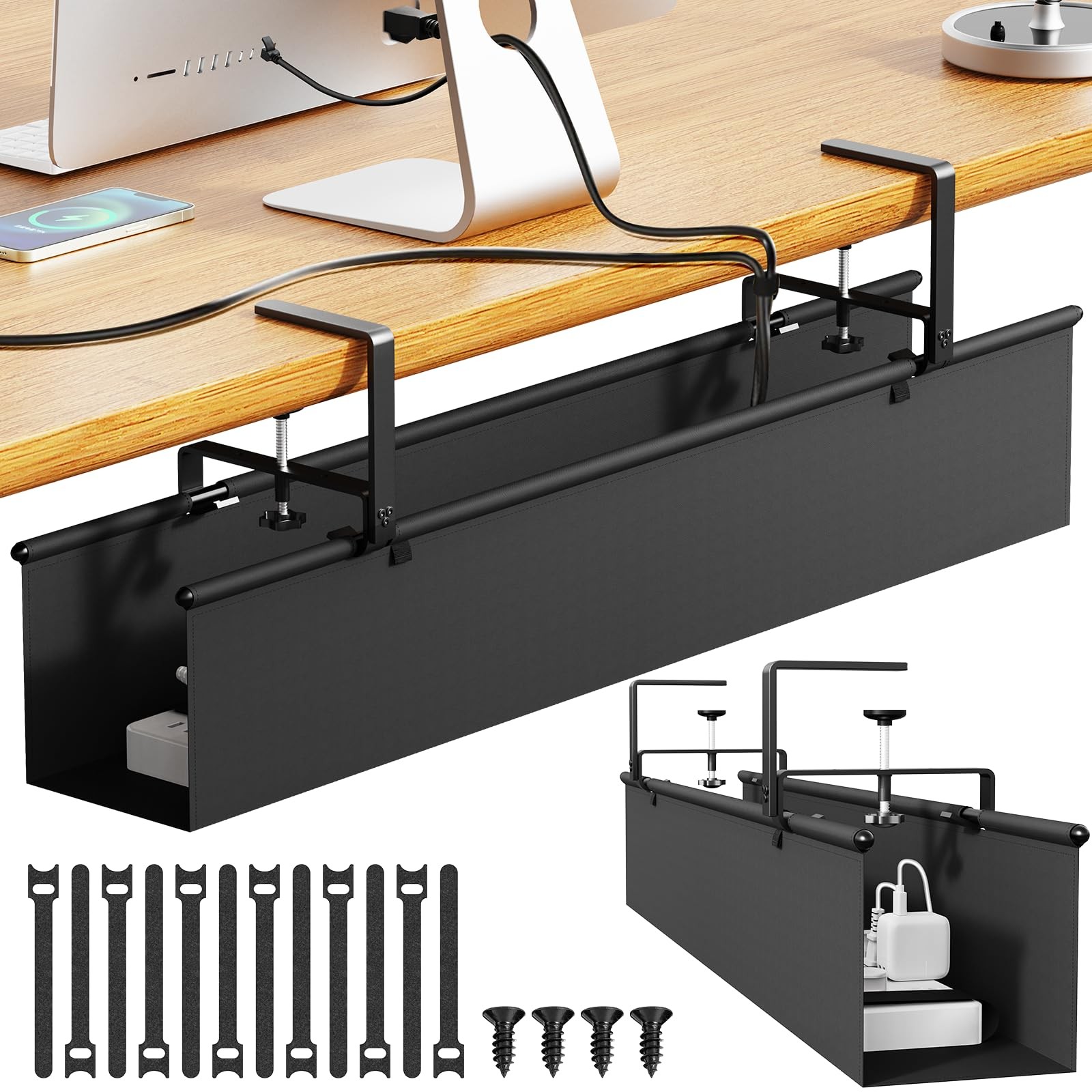 Dayacoo No Drill Under Desk Cable Management Tray, 36″ Clamp/Screw Black