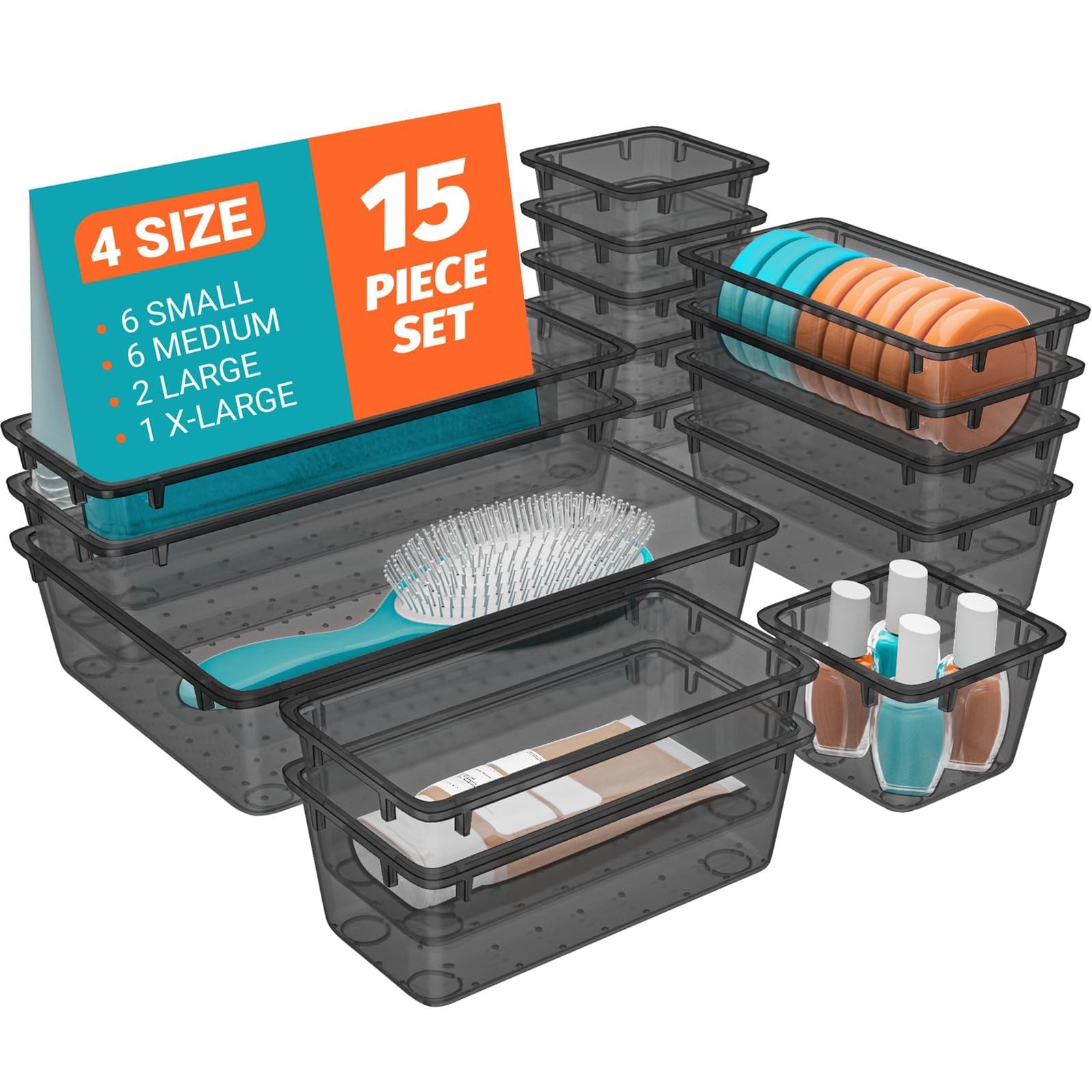 15 PCS Clear Plastic Drawer Organizer Set, 4-Size Acrylic Drawer Storage Trays,