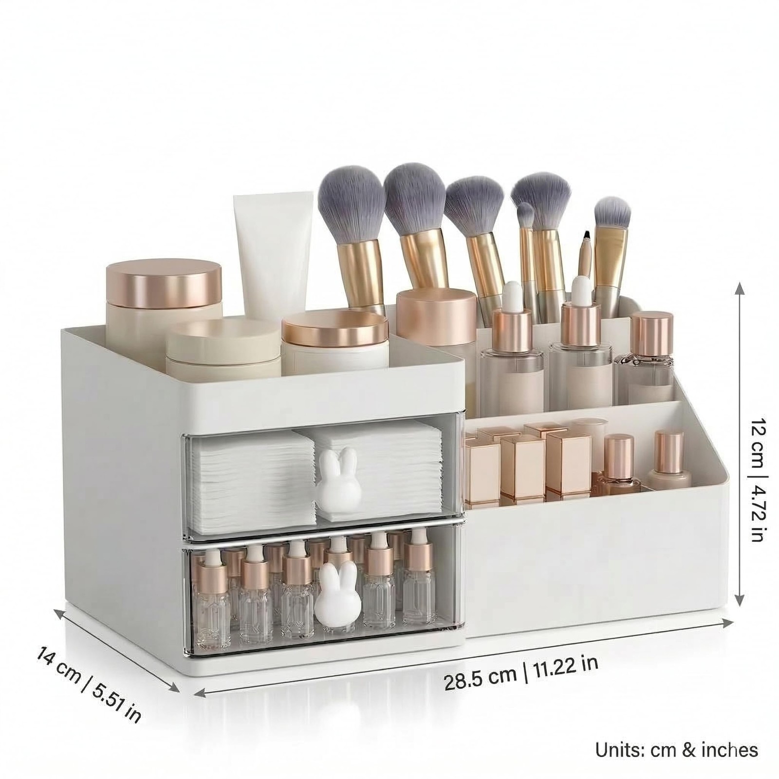 Makeup Organizer With 2 Drawers, Countertop For Vanity, White