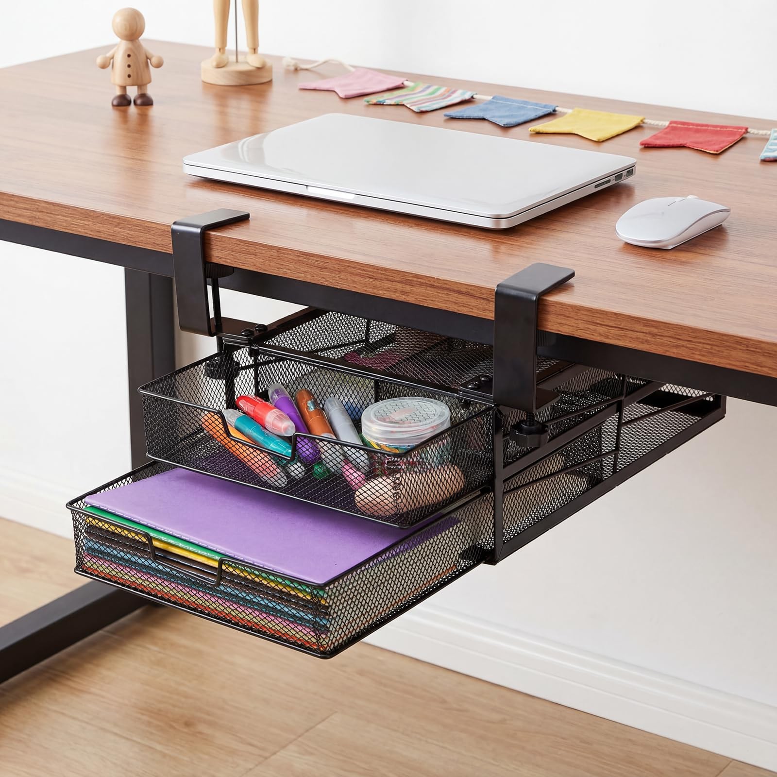 Cedilis Under Desk Drawer Organizer Slide Out, 2-Tier Metal Table Black