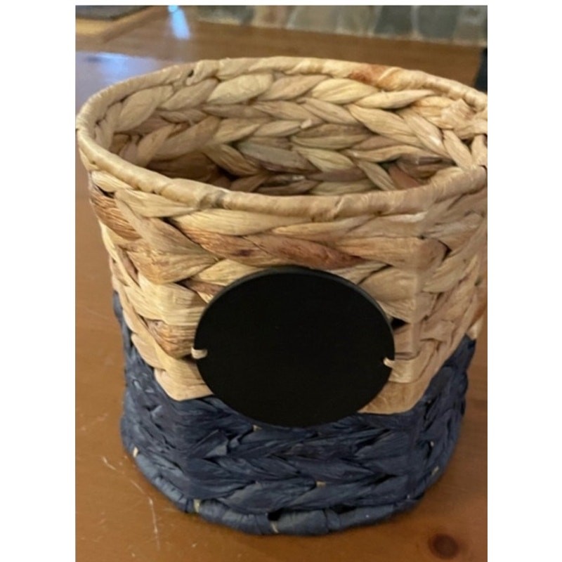 Thirty One Storage Basket 6” Tall Tan Blue Woven Wicker New Chalk Sign
