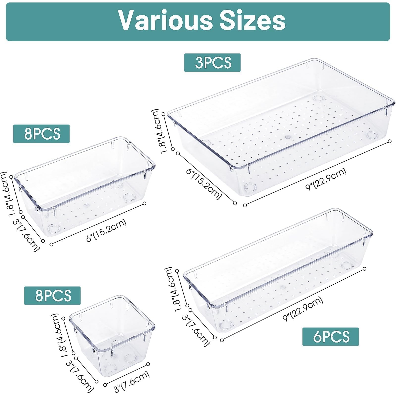 WOWBOX 25 PCS Clear Plastic Drawer Organizer Set, 4 Sizes Desk