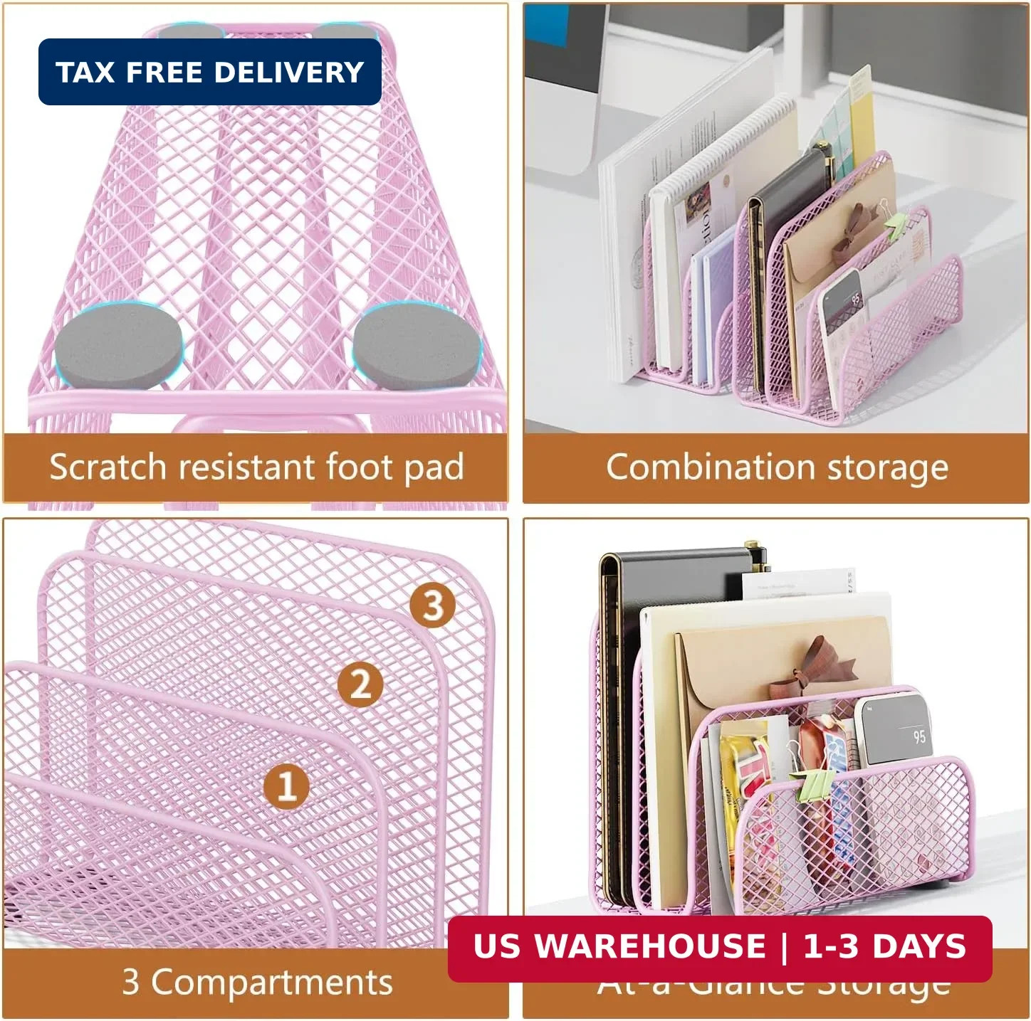 gianotter Mail Organizer Countertop, Metal File Holder with 3-Slot, Pink Desk Ac