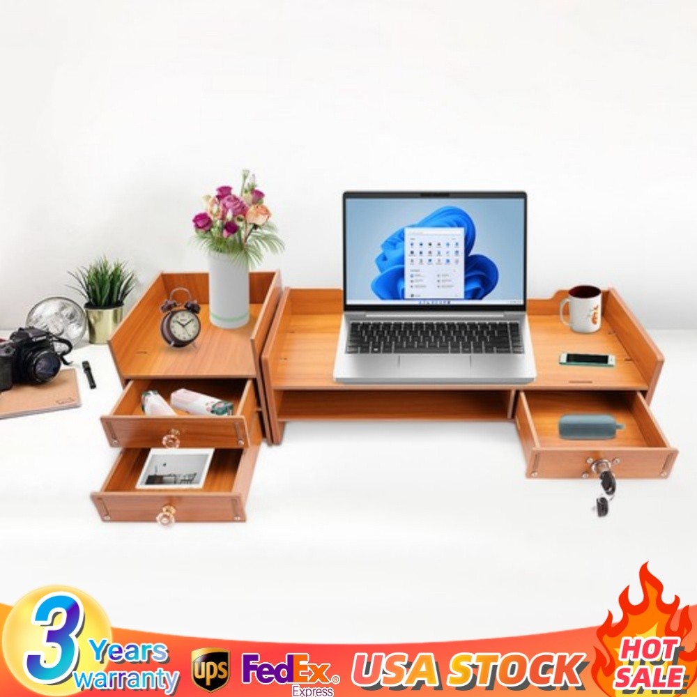 Wooden Desk Organizer with Drawers Office Supplies Computer Desktop Tabletop