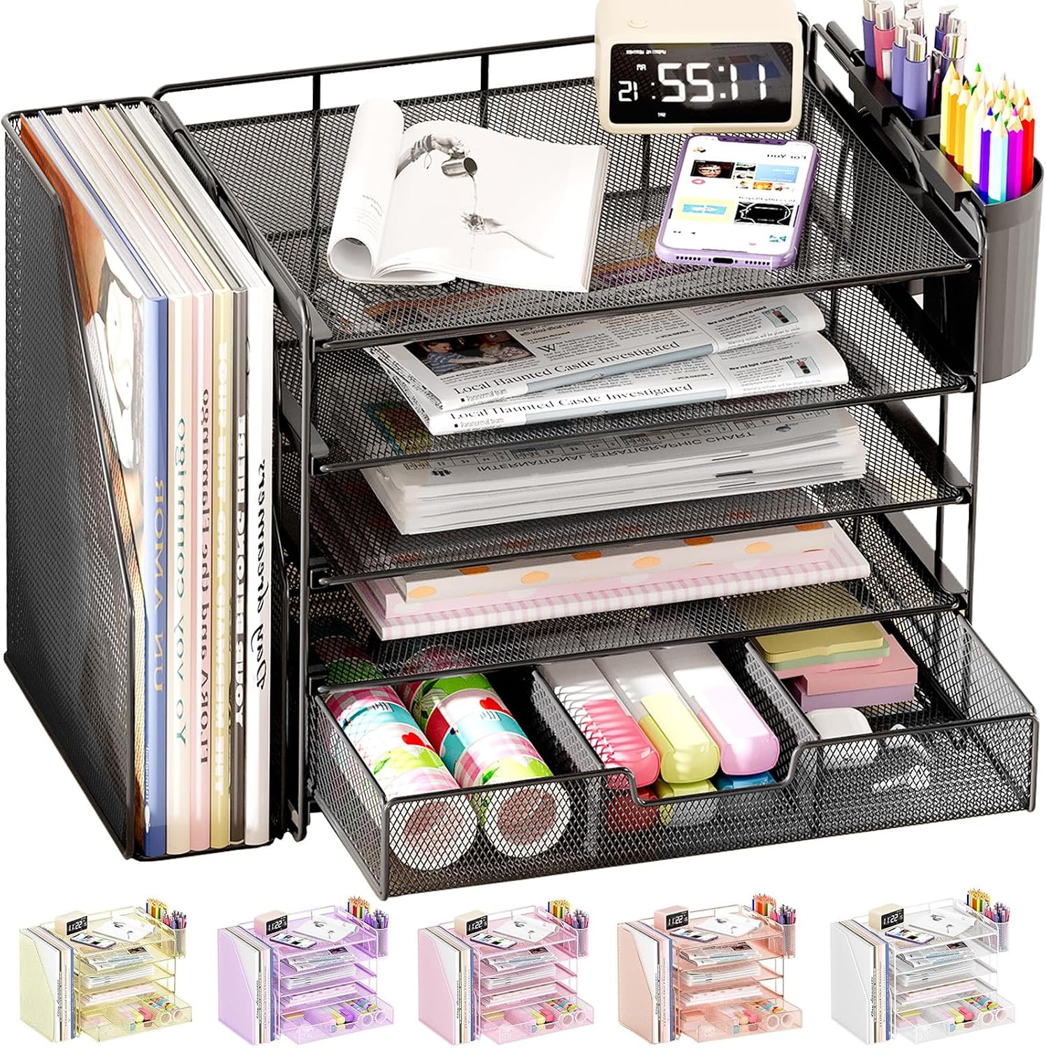 Desk Organizer, 5-Tier Desktop File Organizer with Drawer and Pen Holders, Offic