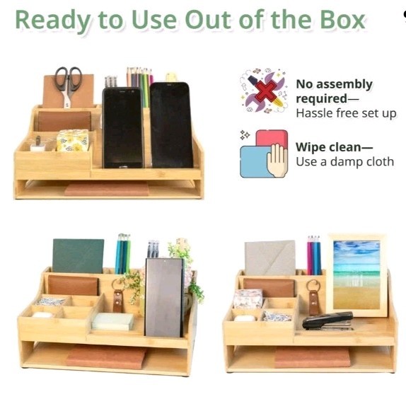 5in1 Bamboo Wood Desk Organizer with Cable Management Spacious Desk Storage