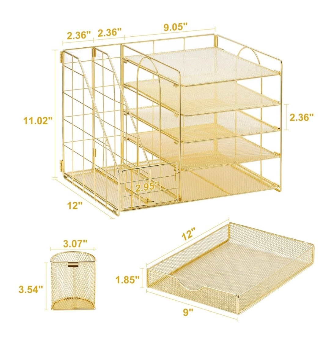 Marbrasse Rose Gold Desk Organizer with File Holder, 5-Tier Paper Letter Tray…
