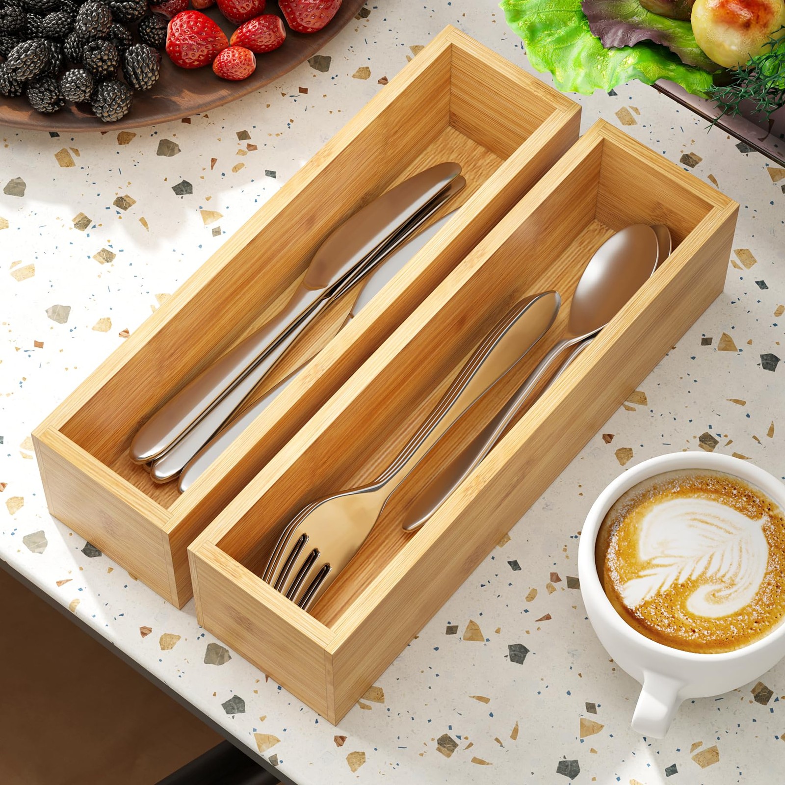 BAMEOS Kitchen Drawer Organizer,Small Silverware 2 Boxes 11×3″, Natural