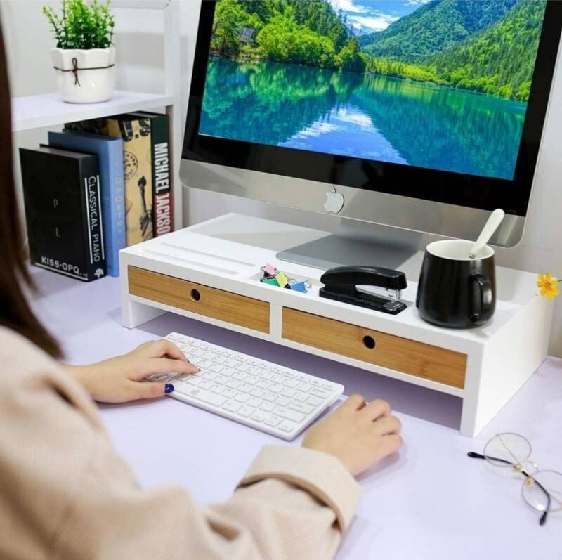 Computer Monitor Stand w/ Drawers White Wood Printer, TV Riser 20.5Lx10.6Wx4.7″