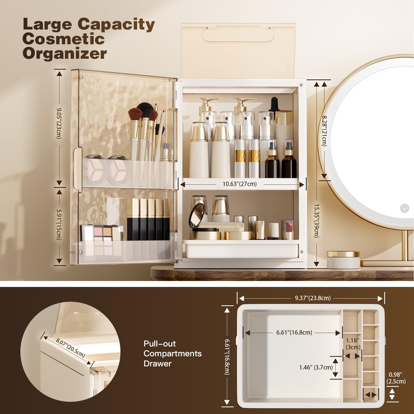 AERCIINC Makeup Organizer with Drawers and Lid, 9.9”L × 7.3”W × 7.9”H, White