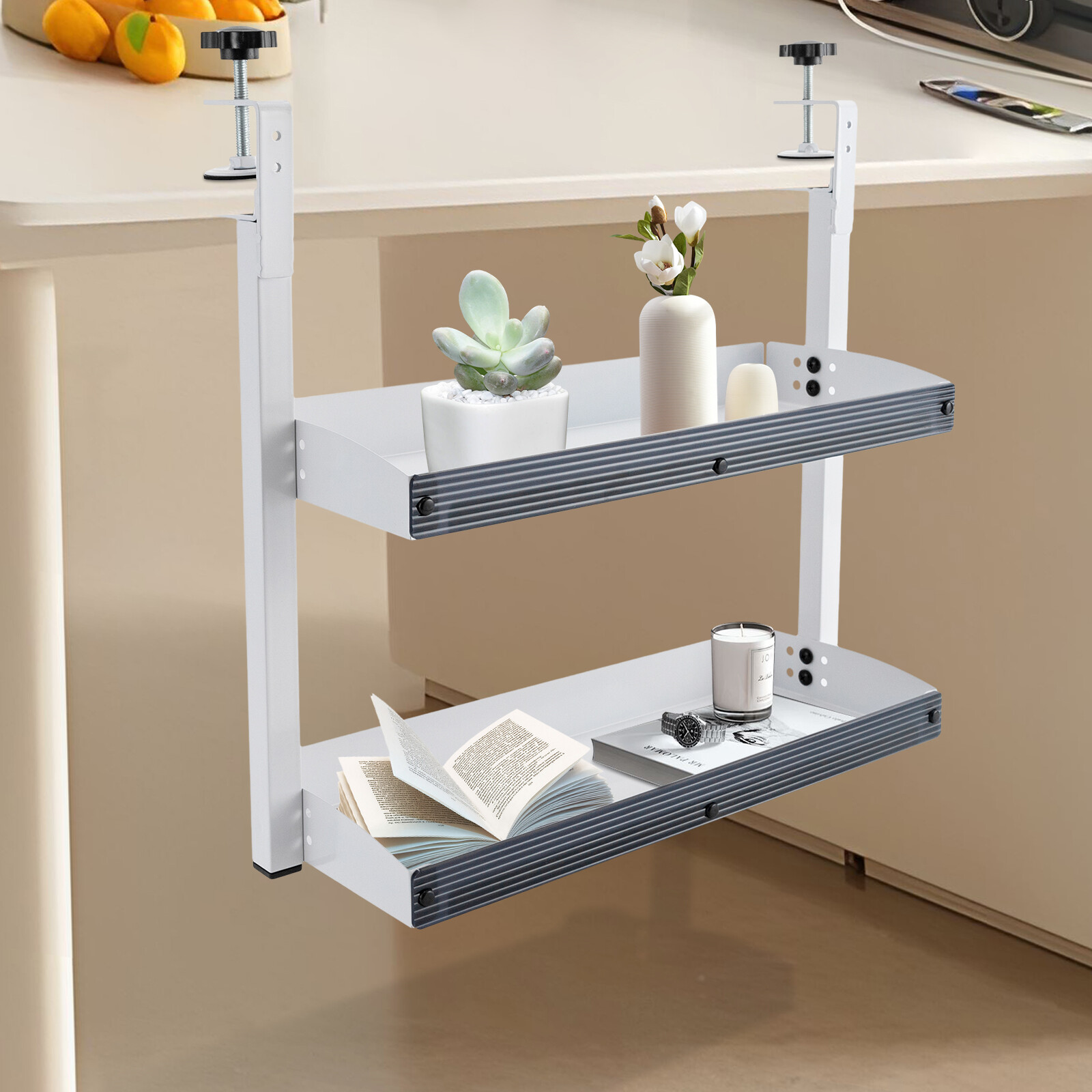 2-Tier Clamp-On Desk Shelf, Adjustable White Storage Organizer for Home