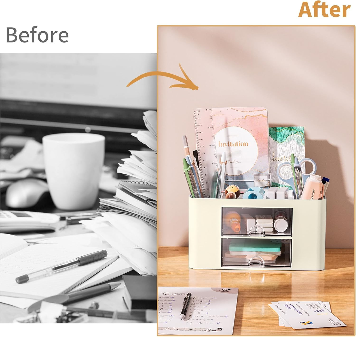 Pen Organizer with 2 Drawer, Multi-Functional Pencil Holder for Desk, Desk Organ