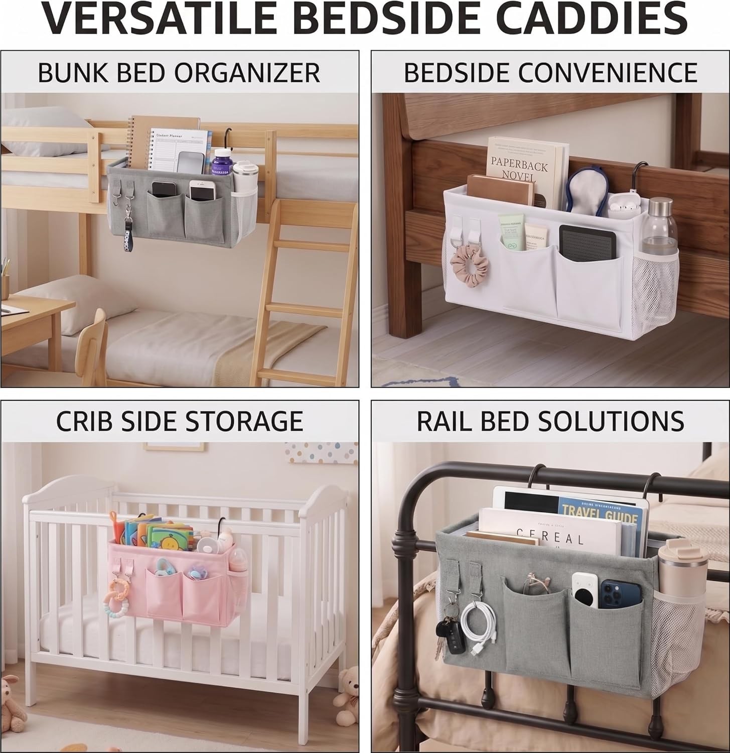 1pc Bedside Caddy Organizer with Hooks, No-Sagging Canvas Hanging Bed Pocket …