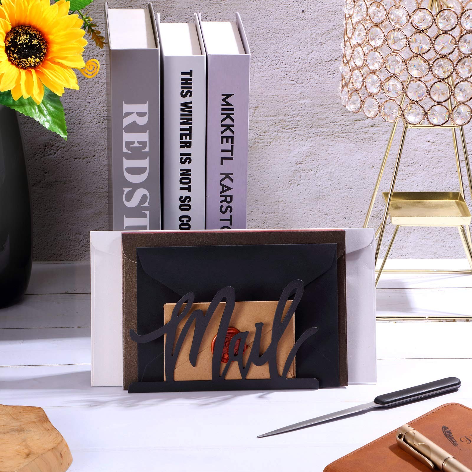 Black Metal Mail Holder Countertop Organizer with Cutout Lettering Letter Opener