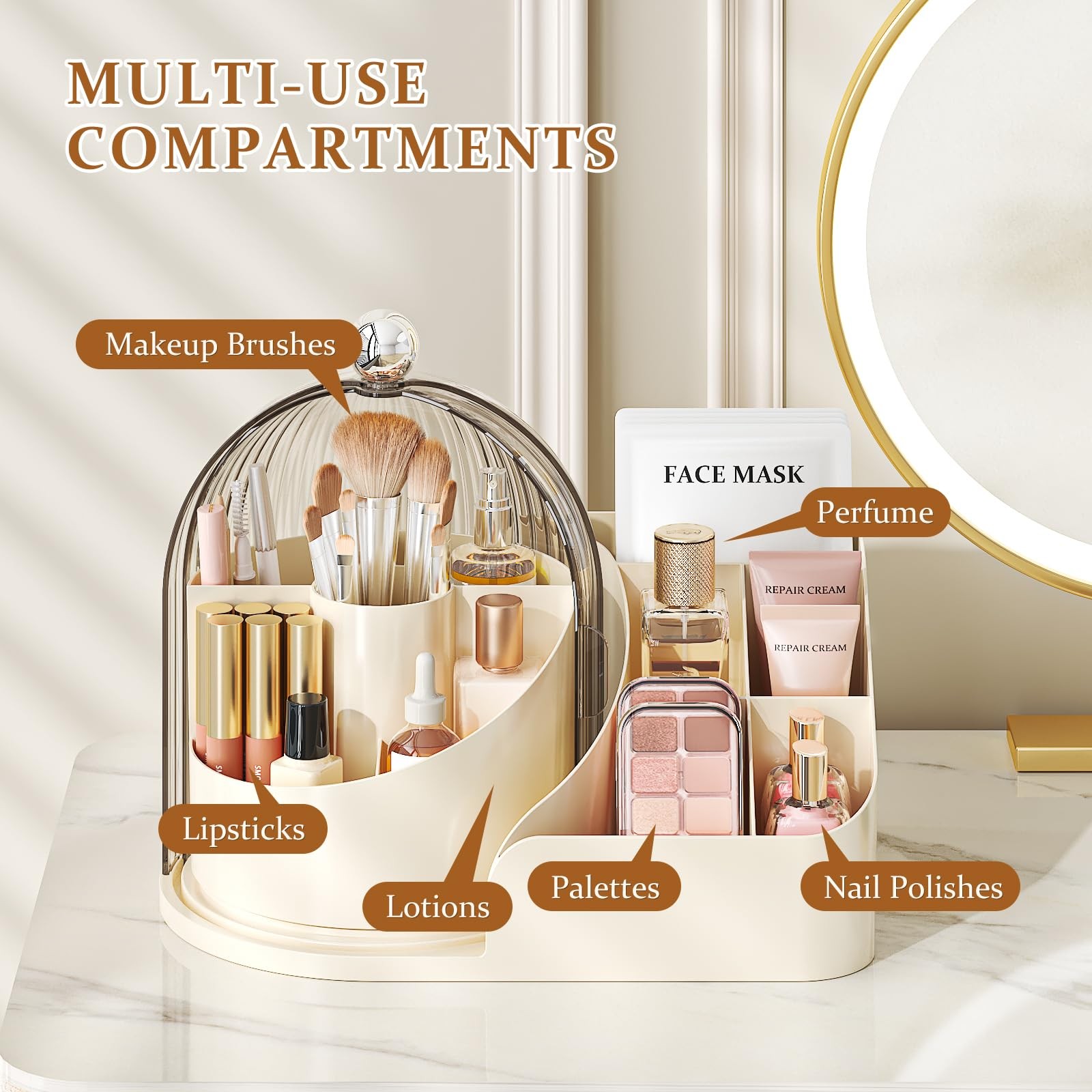 360 Rotating Makeup Organizer with Clear Dust Lid, Multi-compartment Perfume…