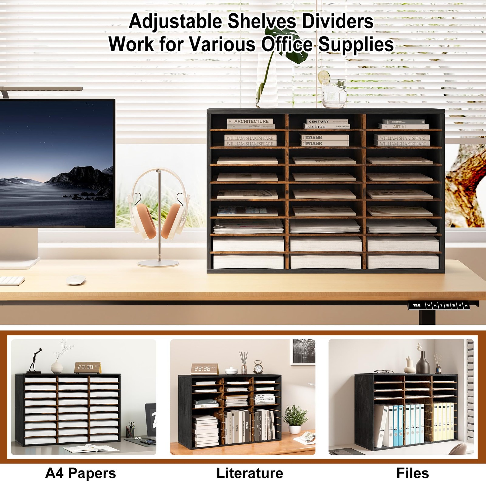 Wood Desk Paper Organizer, Hold 13500 Sheets A4 Papers, 27 Slots Adjustable L…