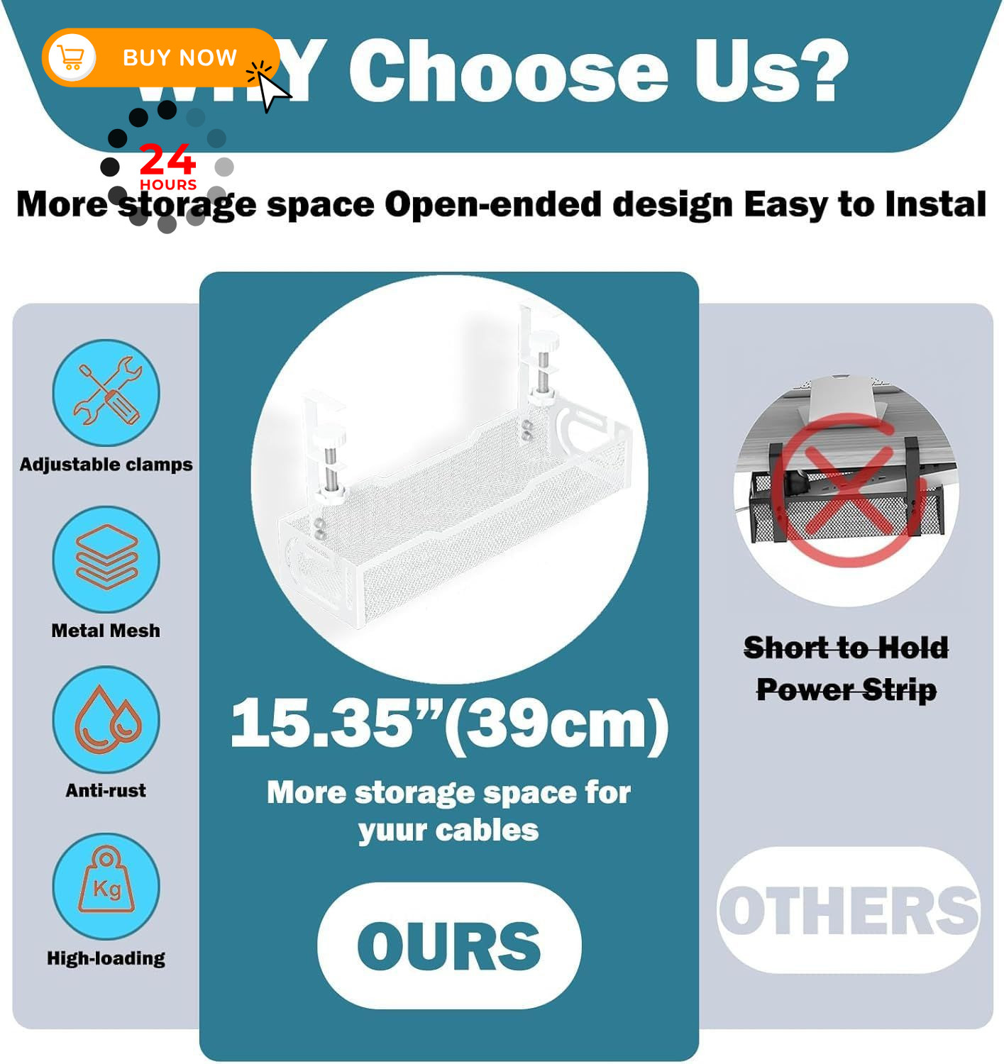 Under Desk Cable Management 15.35 inches x 4.72 inches, 1Pack-White (15.3”)
