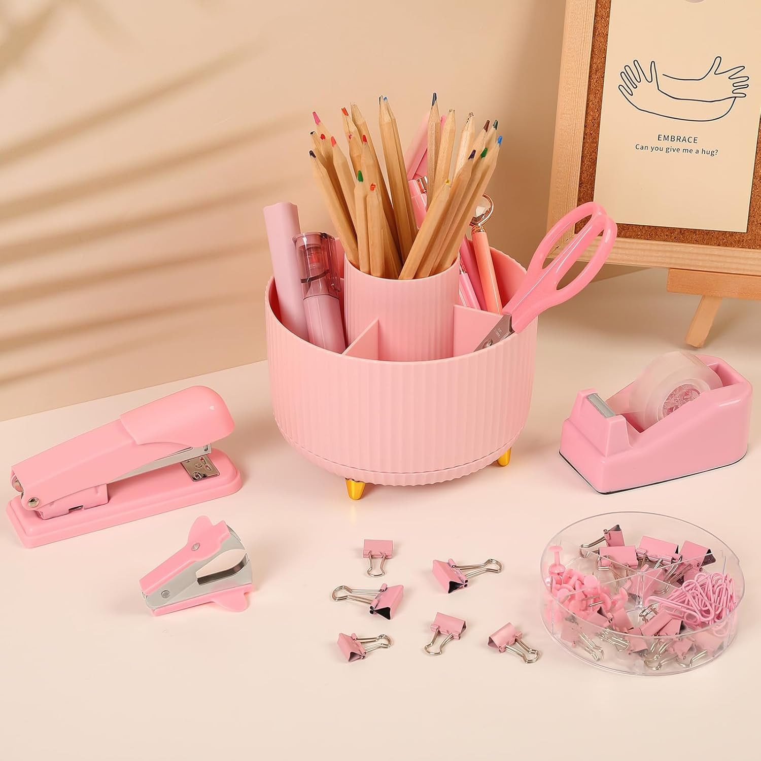 SKYDUE Pink Desk Accessories 10Pcs, Rotating Pen Holder for Desk, Stapler, Stapl